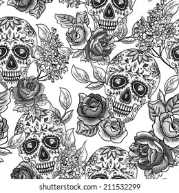 Skull and Flowers Monochrome Seamless Background  Day of The Dead