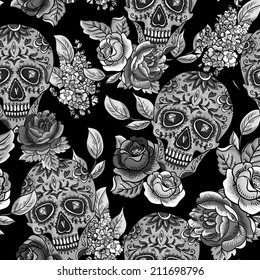 Skull and Flowers Monochrome Seamless Background  Day of The Dead