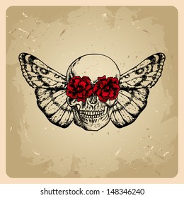 Skull With Flowers And A Moth In A Tattoo Style 