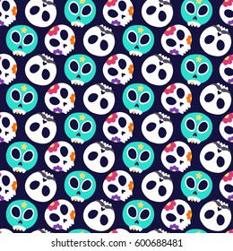 Skull with flowers, moustaches and luchador mask. Seamless pattern with flat design of skulls on the dark background. Vector illustration