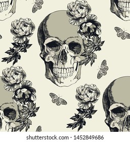 Skull with flowers on the dairy background. Typographic graphic print, trendy pattern for fabric, wrapping, wallpaper.