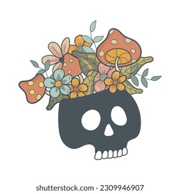 skull with flowers on its head isolated on a white background. Cute happy skull. Human. Flowers. Dance. Vector illustration.