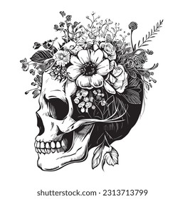 Skull with flowers on head sketch hand drawn in doodle style illustration