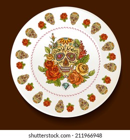 Skull and Flowers on a white plate Day of The Dead Vector illustration 