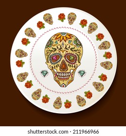 Skull and Flowers on a white plate Day of The Dead Vector illustration 