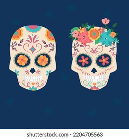 Skull with flowers ornament for Mexican day of the death. Woman skull with flowers on her head.