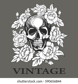 Skull in flowers painted by hand vector. Image can be used for web site background, on banners, invitations, print, poster, anti-stress coloring book and on your other designs.