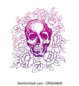 Skull in flowers painted by hand vector. Image can be used for web site background, on banners, invitations, print, poster, antistress coloring book and on your other designs.
