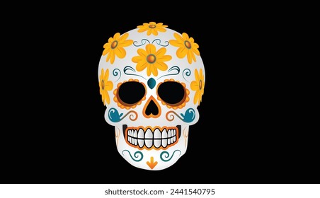 Calavera con flores y patrón aislado sobre fondo negro. Día de los muertos. Elemento de diseño para póster, tarjeta, banner, impresión. Ilustración de vector