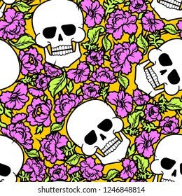 Skull and flowers pattern seamless. Skeleton head and roses background. Death and love texture
