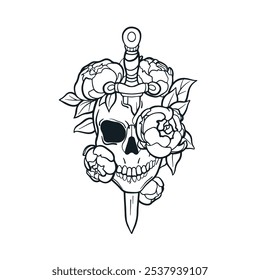 Skull with flowers pierced by dagger. Skeleton head bone, sword blade, rose blossom, ink tatoo design. Vintage style drawing. Engraved hand-drawn vector illustration isolated on white background