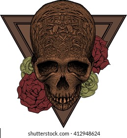 Skull in flowers , with relief designs of skeletons in a tattoo styling