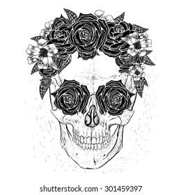 Skull with flowers ,rose in eyes.White background.