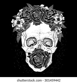 Skull with flowers ,rose in mouth.Black background.