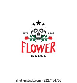 skull with flowers rose and stars colorful vintage logo design vector