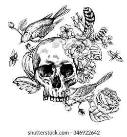 Skull with Flowers, Roses, Birds and Feathers Black and white Vector illustration, tattoo design