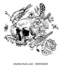 Skull with Flowers, Roses, Birds and Feathers Black and white Vector illustration, tattoo design