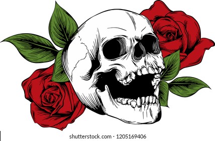 Skull with flowers, with roses. Drawing by hand. Vector. Illustration