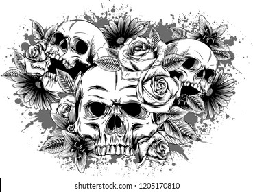 Skull with flowers, with roses. Drawing by hand. Vector. Illustration