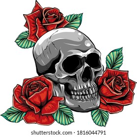 Skull with flowers, with roses. Drawing by hand. Illustration