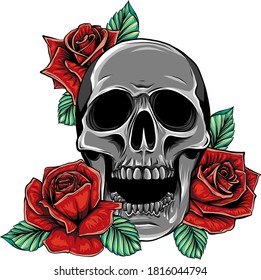 Calavera con flores, con rosas. Dibujo a mano. Ilustración