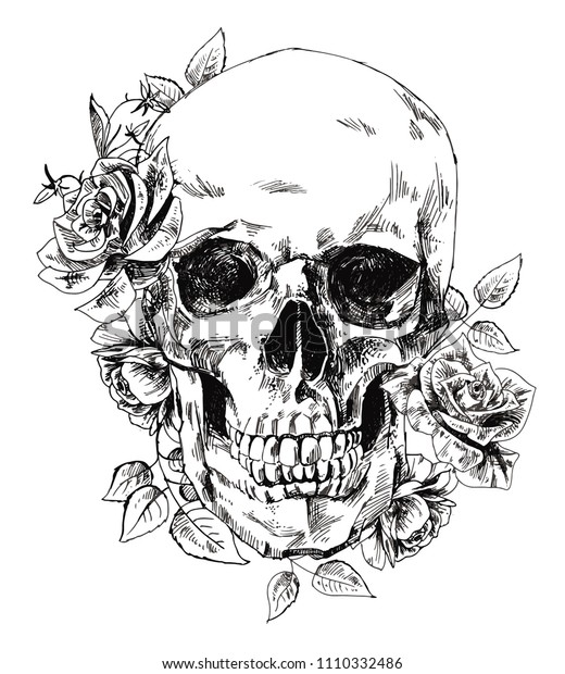 Skull With Flowers Drawing