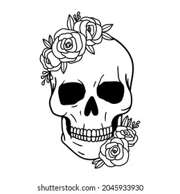 Skull with flowers, with roses. Human skull portrait with floral wreath. Vector illustration isolated on white background. Sugar skull floral print for Halloween.