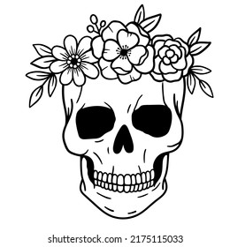 Skull with flowers, with roses. Human skull portrait with flower crown. Vector illustration isolated on white background. Sugar skull floral print for Halloween.