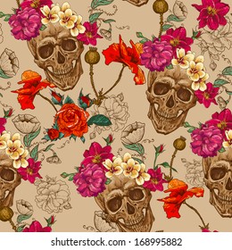 Skull and Flowers Seamless Background