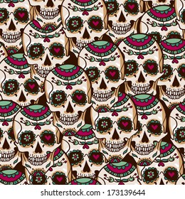 Skull and Flowers Seamless Background 