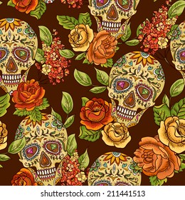 Skull and Flowers Seamless Background 