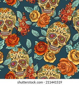 Skull and Flowers Seamless Background 