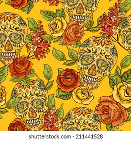 Skull and Flowers Seamless Background 