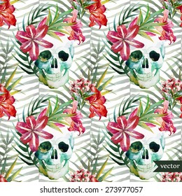 Skull and Flowers Seamless Background