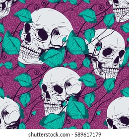 Skull and flowers seamless background 