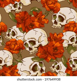 Skull and Flowers Seamless Background Day of The Dead, Vector Vintage Card