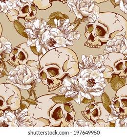 Skull and Flowers Seamless Background Day of The Dead, Vector Vintage Card
