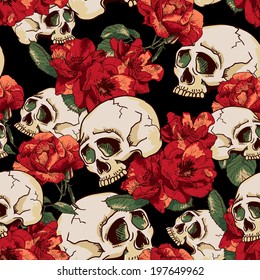 Skull and Flowers Seamless Background Day of The Dead, Vector Vintage Card