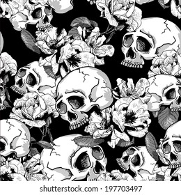 Skull and Flowers Seamless Background Day of The Dead, Vector Vintage Card