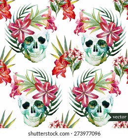 Skull and Flowers Seamless Background with lily flowers