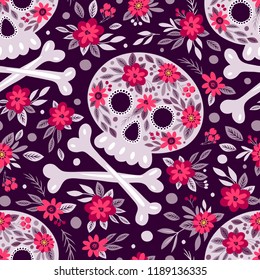 Skull and Flowers. Seamless Background. Mexican day of the dead