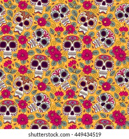 Skull and Flowers. Seamless Background. Mexican day of the dead. Freehand drawing