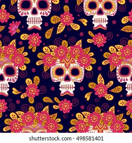 Skull and Flowers. Seamless Background. Mexican day of the dead. Freehand drawing