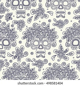 Skull and Flowers. Seamless Background. Mexican day of the dead. Freehand drawing