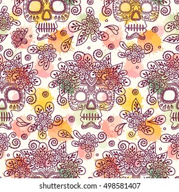 Skull and Flowers. Seamless Background. Mexican day of the dead. Freehand drawing