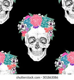 Skull with flowers .Seamless pattern background.