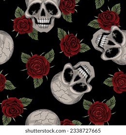 Skull and flowers seamless pattern. Colorful tattoos vintage seamless pattern with blooming roses sugar skulls and elegant green stem of barbed wire texture vector illustration