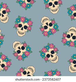 Skull with flowers seamless pattern. Day of the Dead Skull, Dia de los Muertos. Halloween elements on blue background. Vector illustration