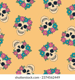 Skull with flowers seamless pattern. Day of the Dead Skull, Dia de los Muertos. Halloween elements on yellow background. Vector illustration