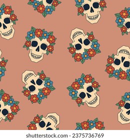 Skull with flowers seamless pattern. Day of the Dead Skull, Dia de los Muertos. Halloween elements on pink background. Vector illustration